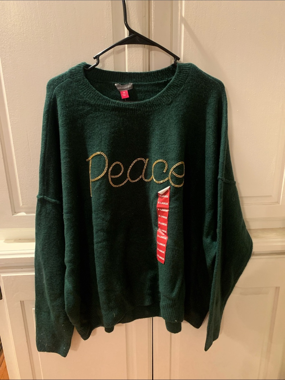 Vince Camuto Dark Green Crewneck Sweater with Gold 'Peace' Embroidery XL NWT